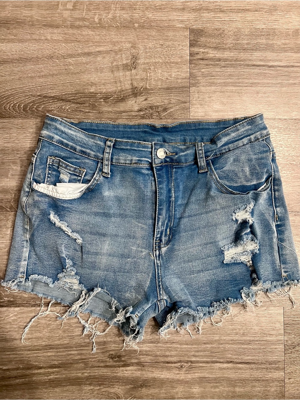SHEIN Blue Distressed Frayed Hem Denim Shorts